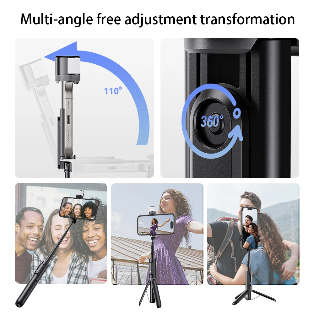 Portable All-In-One Selfie Stick with Hide Tripod Extendable Handle Fill Light & Anti-Shake Feature for Mobile Phone Photography
