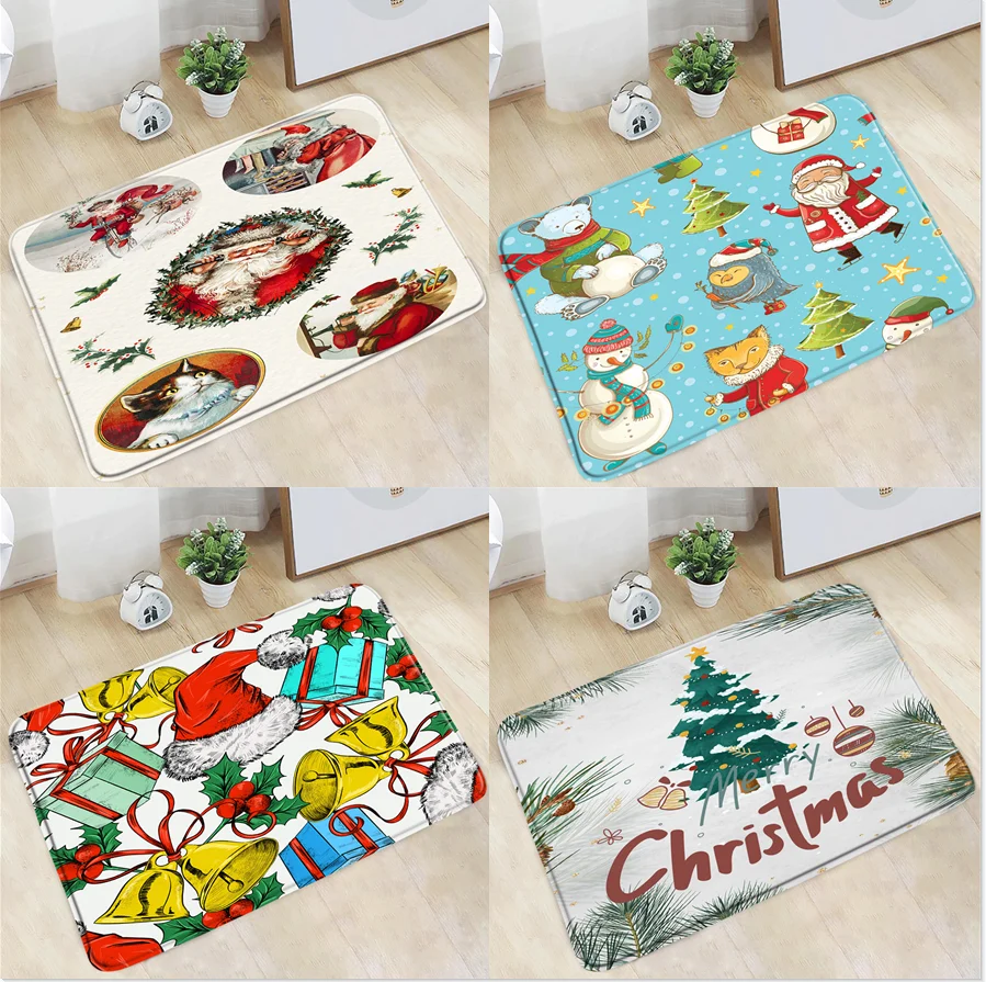 Merry Christmas Bath Mat Santa Snowman Xmas Tree Non-Slip Rug Winter Festival Gift Home Decor Bedroom Kitchen Entrance Aisle Rug