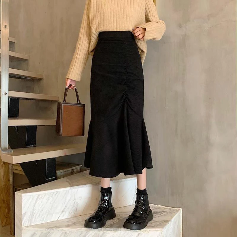 Dames midi rok met hoge taille en mermaid pasvorm met ruches_voghion.com
