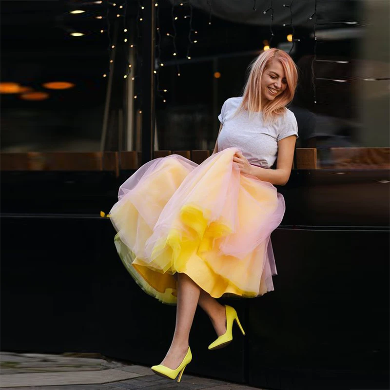 

Tutu Skirts Elastic Waist Girls Birthday Skirt Yellow And Pink Tulle Puffy Saias For Lady Wedding Guest Prom Party Formal Wear