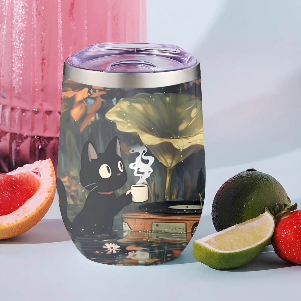 Kitten Lotus Leaves Pond Vacuum Flasks 12oz Insulated with Lid Double Wall Vacuum Stainless Steel Cup Hot & Cold Drink Mug Gift