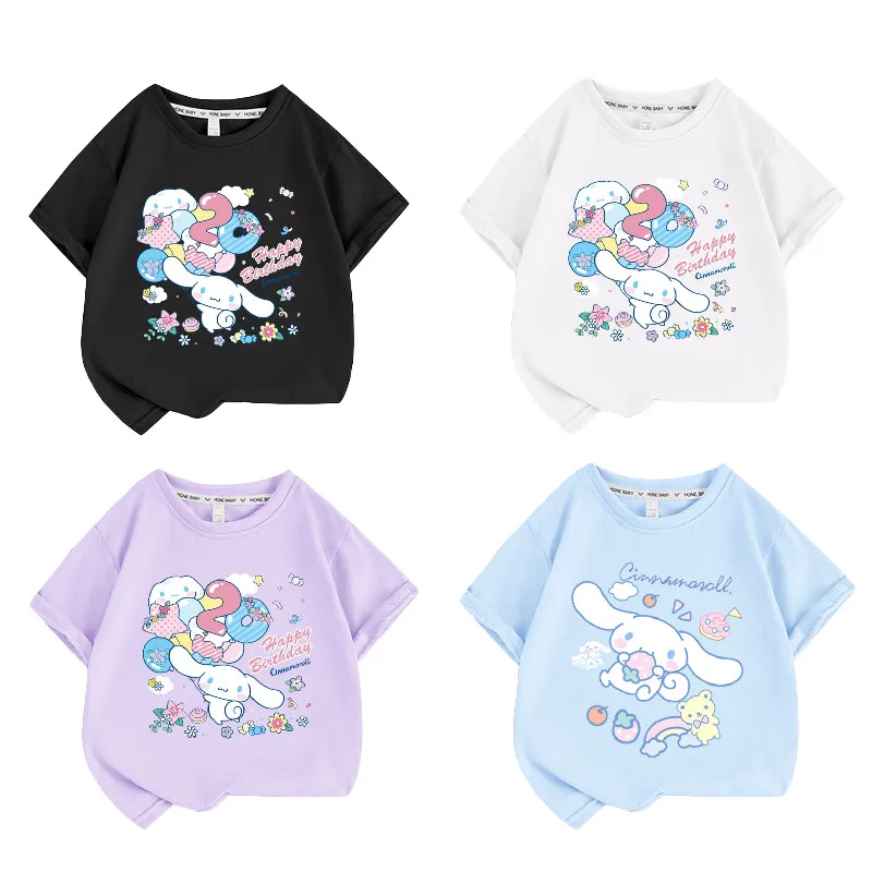 Kawaii Sanrio Cinnamoroll Cartoon Kids T-Shirt Summer New Loose Casual Cotton Short-Sleeved Tops Bottoming Shirt Children Gifts