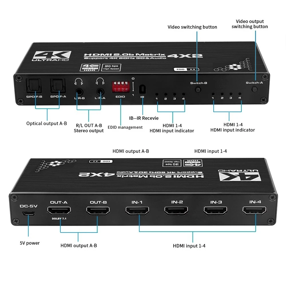 Divisor de Comutação Matricial Compatível com Hdmi 4k @ 60hz 4x2 Spdif e l r 35 mm Comutador Hdr Suporta Hdcp 2.2 3d - Image 3