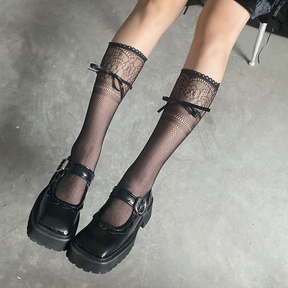 

JK Japanese Style Long Socks Stockings Lolita Sweet Girls Cute Ruffles Knee Socks Women Bandage Bowknot Mesh Fishnet Lace Socks