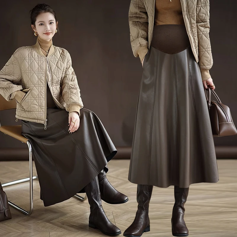 Pleated PU Maternity Skirts Autumn Winter Fashion A Line Belly Bottoms Clothes for Pregnant Women Pregnancy