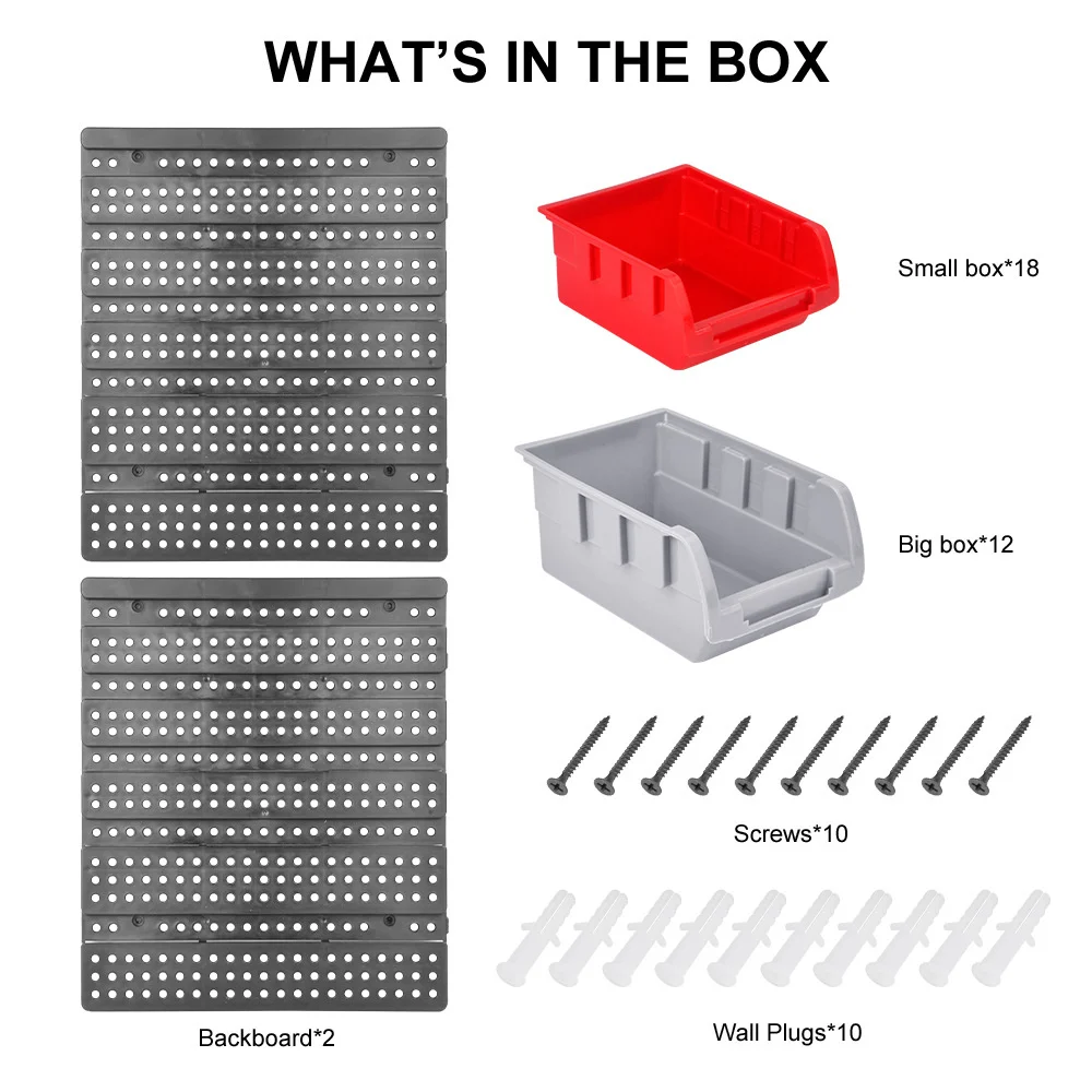 Wall Mounted Storage Bins 30-Bin Parts Rack Organizer Garage with Wall Panels Hooks Plastic Shop Tool for Screw Nails