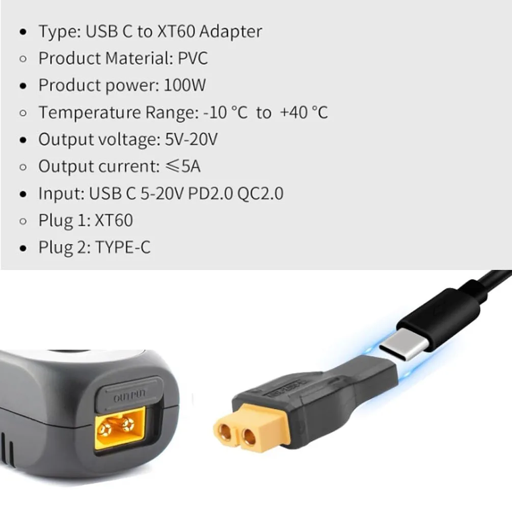 Lot de 2 adaptateurs Type-C vers XT60 pour charge rapide drone FPV RC