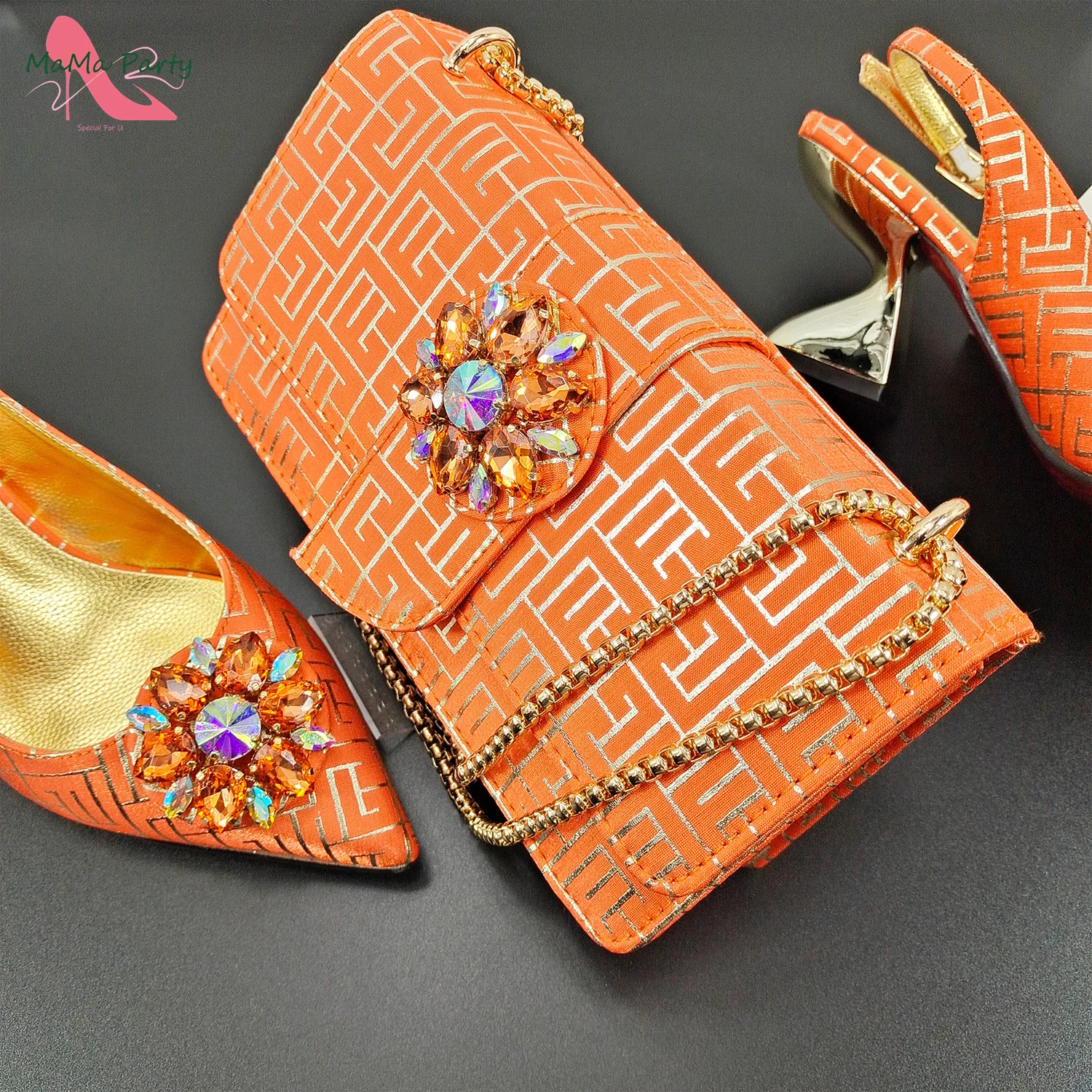 

Orange Color Fashion New Arrivals Italian Women Shoes and Bag Set African Design Pumps with Shinning Crystal for Garden Party