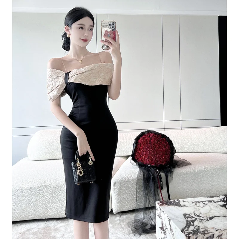 

Yanling Women's Clothing Socialite Style Sexy off-the-Shoulder Slim-Fit Sheath Contrast Color Travel Party Dress