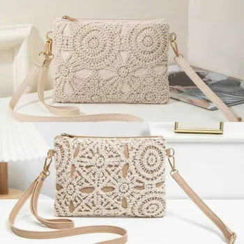 Nuova Borsa a Tracolla Rettangolare in Pelle PU Stile Bohemien con Intreccio Vuoto e Chiusura a Cerniera, Ideale per Outfit da Vacanza