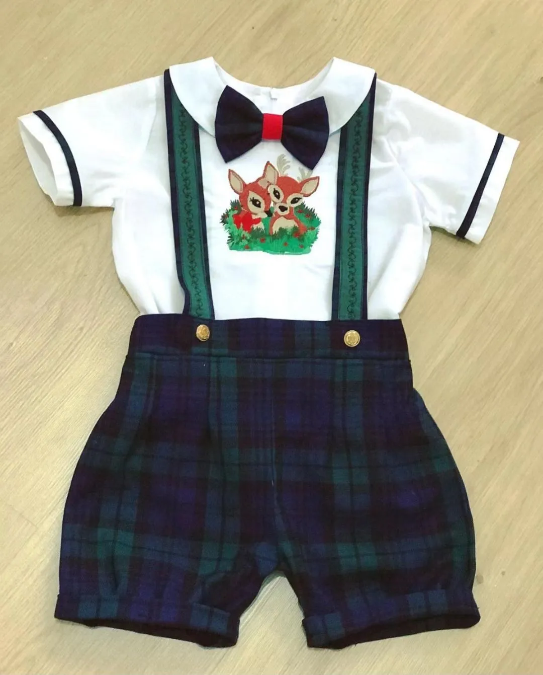 

Baby Boy Set Autumn Winter Green Plaid Deer Embroidery Vintage for Eid Causal