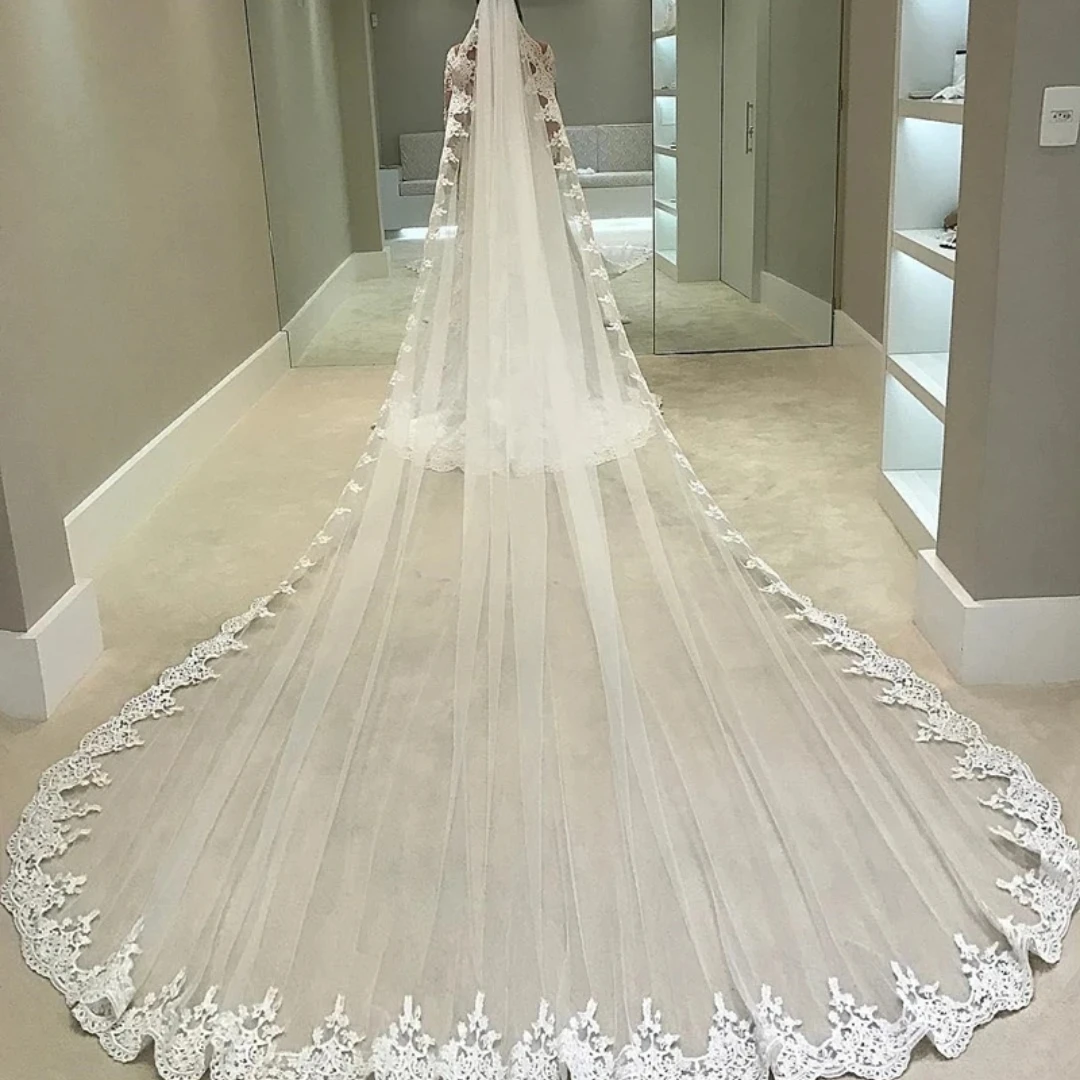 

White Ivory 4 Meters Long Full Edge Lace Wedding Veil One Layer Tulle Bridal Veil with Comb Wedding Accessories Veu Velo Noiva