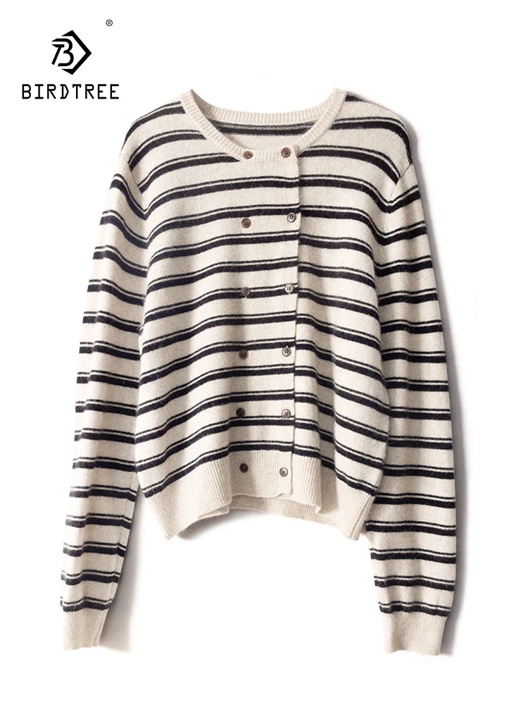 

Birdtree Cashmere Wool Atmosphere Sweater Women Round Neck Striped Contrast Color Loose Casual Knit Overlay Cardigan T3N775QC