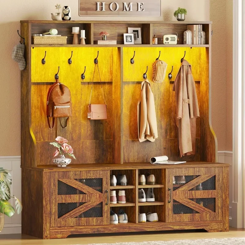 Itaar Hall Tree with Bench and Shoe Storage, 5-in-1 Entryway Bench with Coat Rack, 16 Shoe Cubbies & 12 Coat Hooks, Barn Door