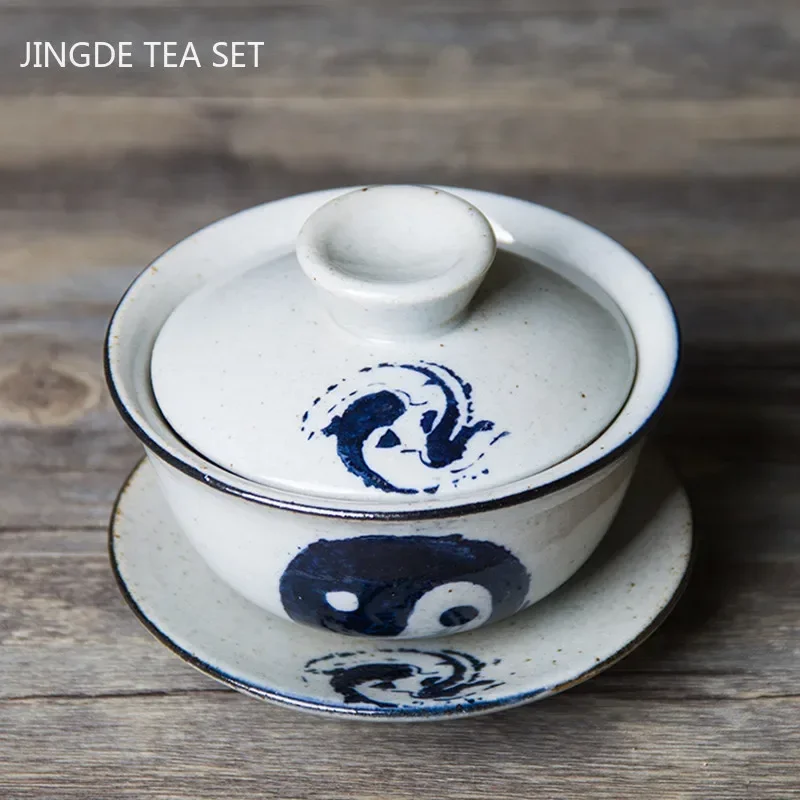 Retro Handmade Tea Bowl Jingdezhen Ceramic Gaiwan Chinese Tea Maker with Cover Teacup Tea Set Supplies Household Drinkware