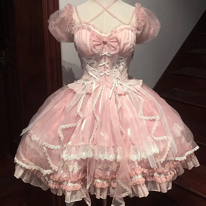 

[In Stock] Lolita Fairy Dress Gentle Waist Strap Lace Dresses Women Luxury Gorgeous Jsk Lolita Princess Dress Evening Dress
