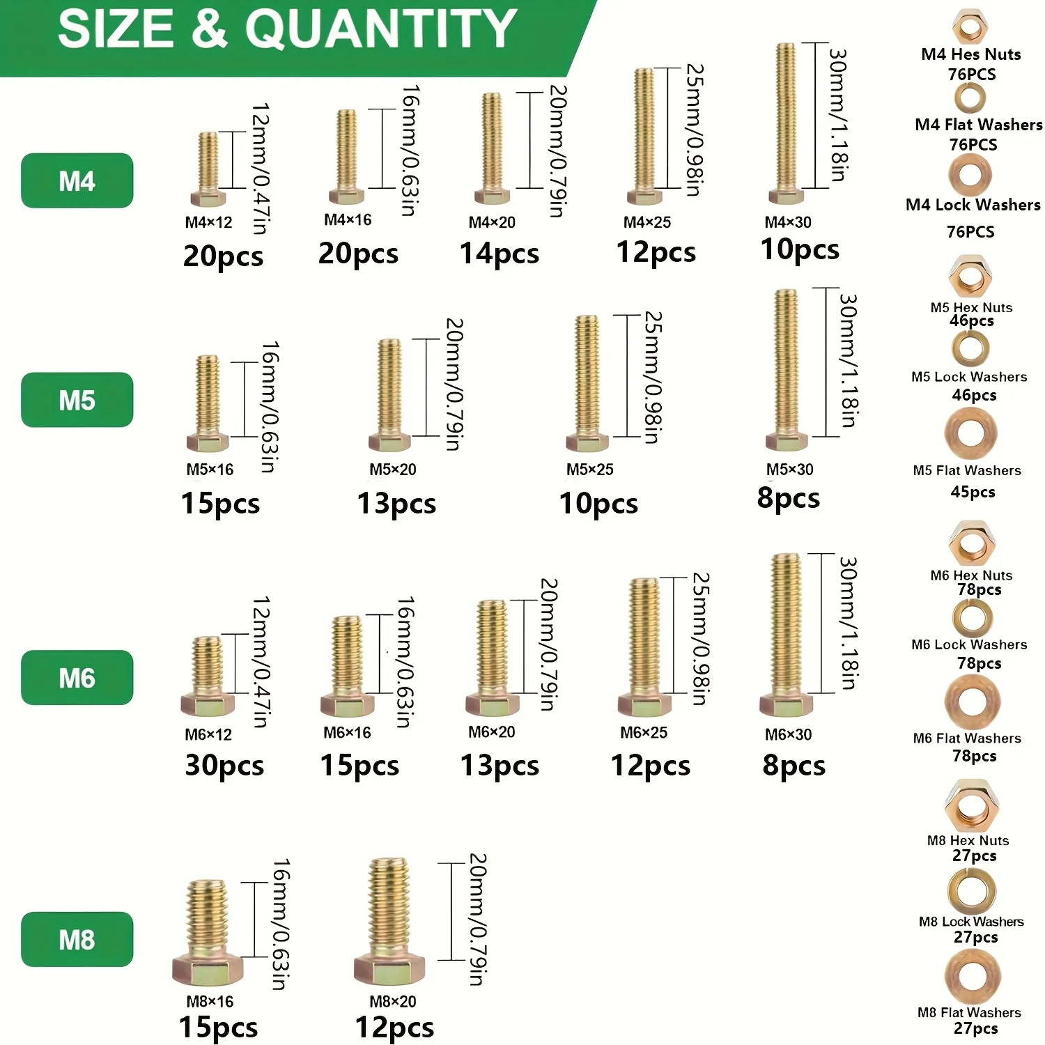 907 pieces of 8.8 grade metric bolt combination M4 M5 M6 M8 heavy-duty bolt and nut kit plated with yellow zinc