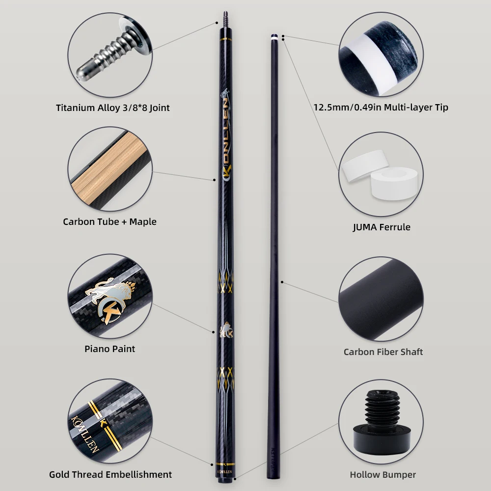 KONLLEN KL-3K Carbon FIber Pool Cue Stick 147cm 3/8*8 Radial Joint