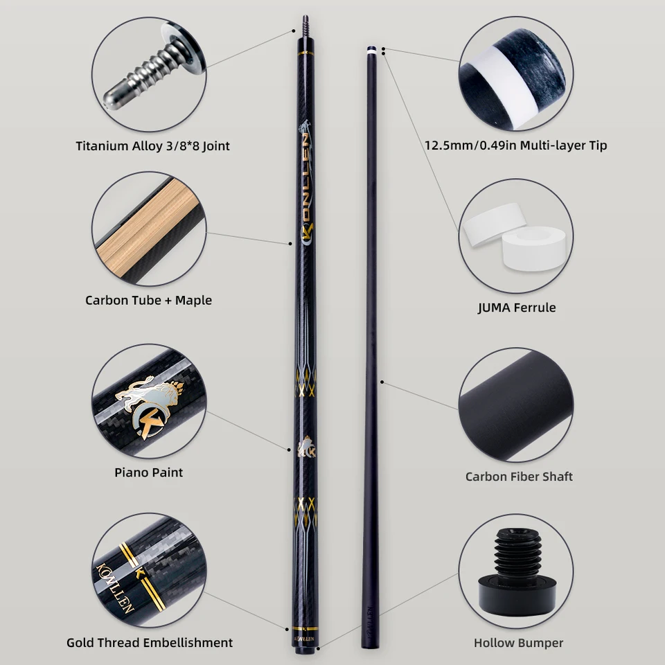 KONLLEN KL-3K Carbon FIber Pool Cue Stick 147cm 3/8*8 Radial Joint