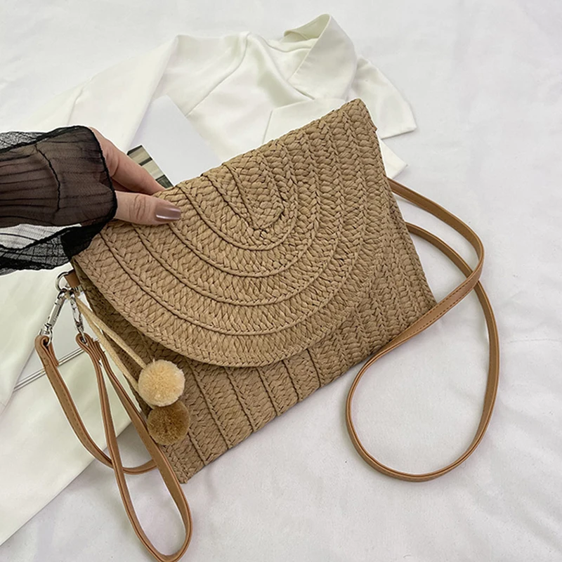 Summer Beach Straw Crossbody Bag with Cute Ball Pendant for Women Casual Wicker Shoulder Clutch Purse Travel Handbag Ladies