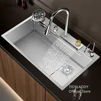 Luxury Silvery 304 Stainless Steel Waterfall Kitchen Sink High Quality Large Single Slot Multifuctional Sink Waterfall Faucet 2