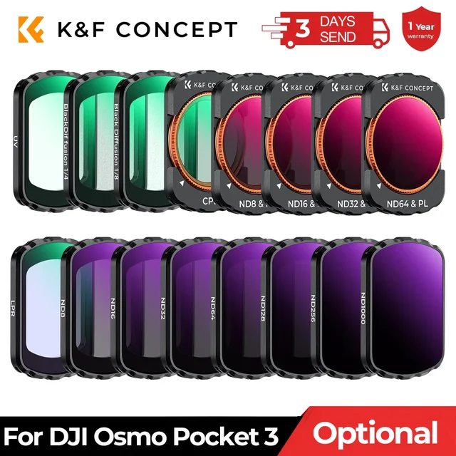 K&F CONCEPT ฟิลเตอร์เลนส์แม่เหล็กสำหรับ DJI Osmo Pocket 3 ปรับได้ ND2-32 ND32-512 UV CPL ND/PL แบล็คมิสท์ 1/4 ฟิลเตอร์เสริม 1