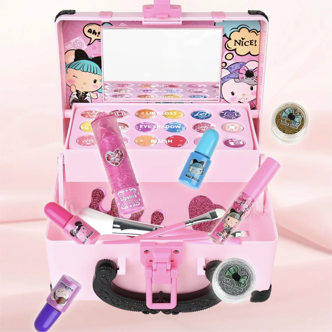 Girls Cosmetics Makeup Box Princess Makeup Girl Toy Play Set Lipstick Eye Shadow Nail Polish Nontoxic Kid Birthday Toy for Girls 2