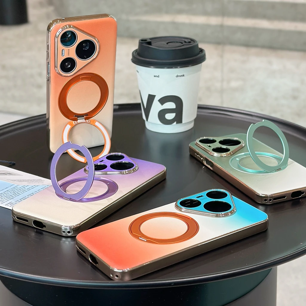 Luxury Gradient Faux Leather Phone Case with Electroplated Border and 360° Rotatable Stand