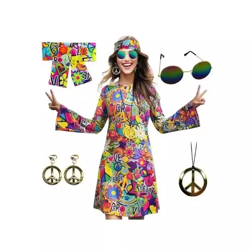 נשים פרחים אופנה מיני שמלות ילדת היפית תלבושת הלבוש פלייר פלייר גברים נשים מסיבת מסיבת הלבשת רטרו היפי 70 שמלה היפית