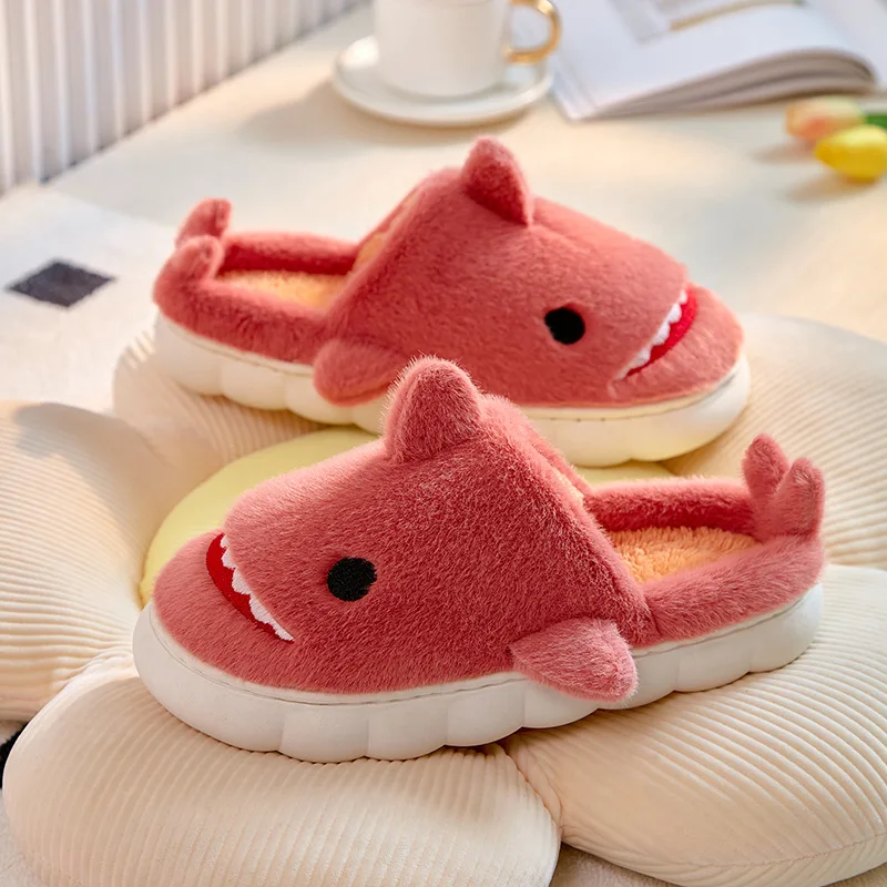 

Litfun Winter Plush Shark Slippers Women Fashion Thick Bottom Cartoon Children's Shark Home Cotton Shoes Indoor Furry Room Shoes