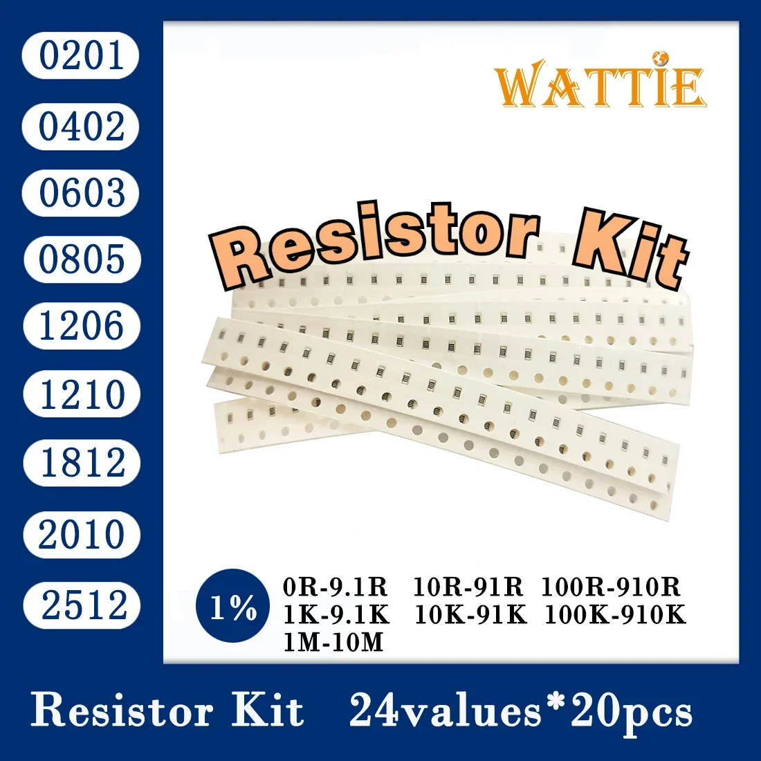 Resistor kit 0201 0402 0603 0805 1206 1210 1812 2512 smd Resistor package 25values*20PCS=500PCS 1% Sample Kit Resisor