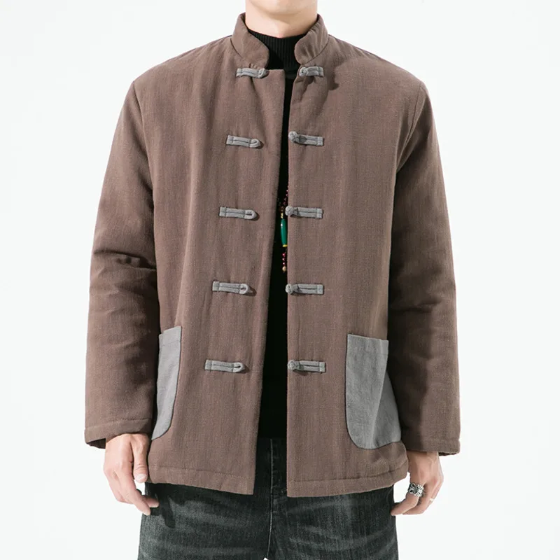 Men's Cotton Linen Chines Buckle Tang Suit Hanfu Padded Jacket Winter Thicken Warm Wadded Jacket With Patch Pocket Male Ourwear