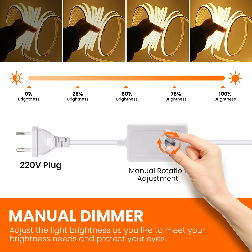 IP68 방수 COB LED 스트립 조명, 조광기 스위치 전원 키트, 유연한 램프, 5m, 10m, 20m, 50m, 100m, 220V, 3000K, 4000K, 6000K, 288LED, 0.5m