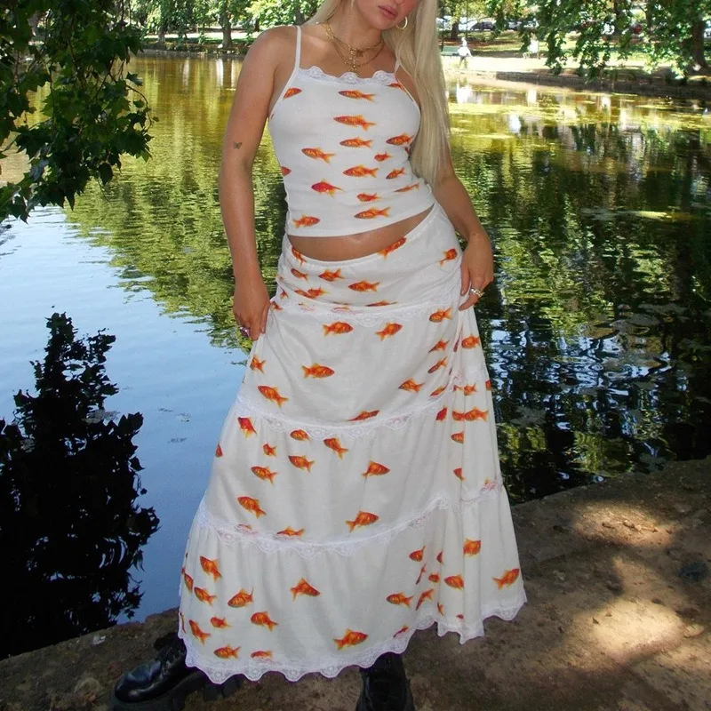 

Women's Gentle Style INS Fashion Goldfish Pattern Printed & Casual Skirt Set Temperament Female High Waist Skirts 2 Piece Outfit