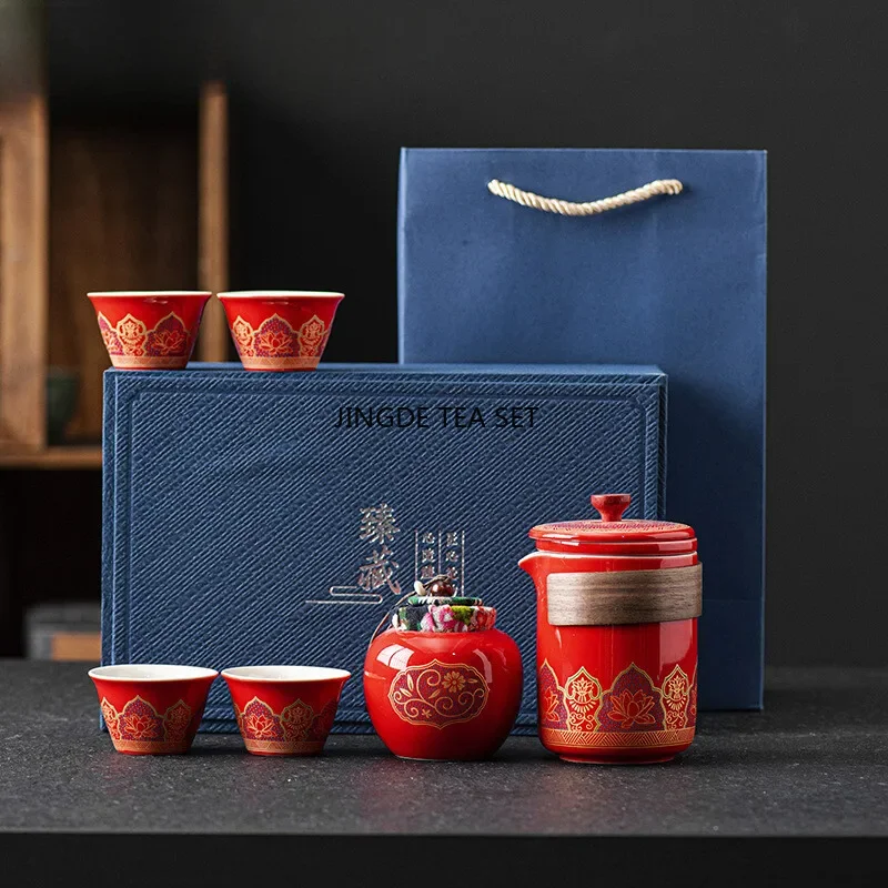 Outdoor Tea Ceremony Portable 1 Pot 4 Cups Travel Gift Box Luxury Chinese English Cup Set