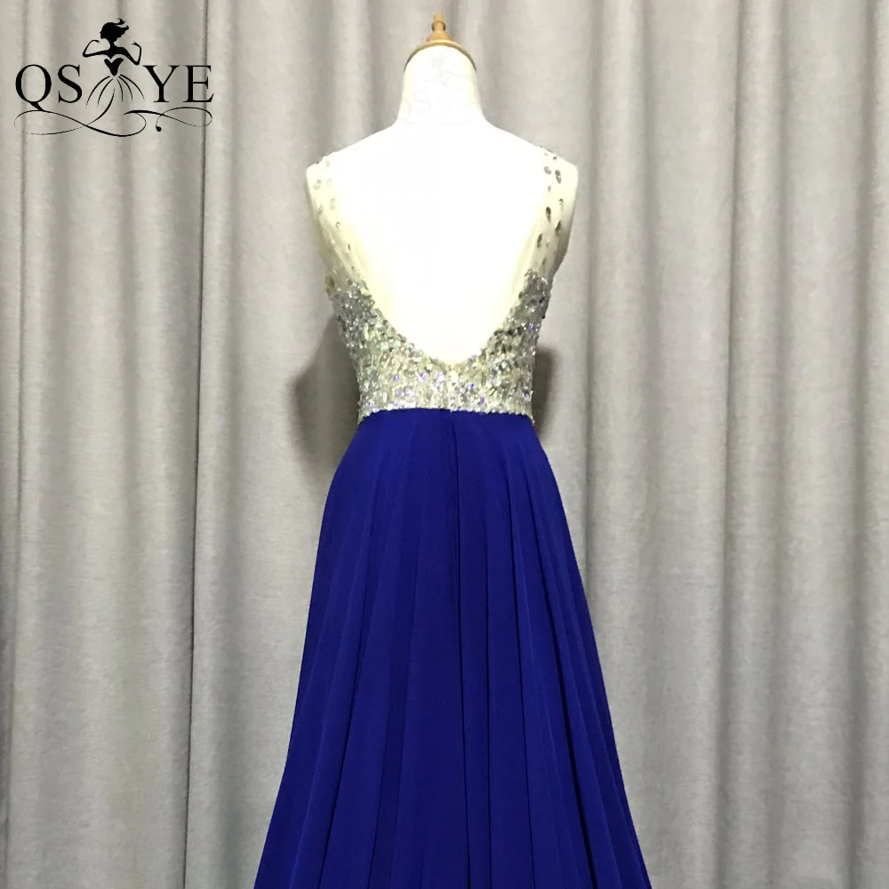 windsor prom dresses Royal Blue Prom Dresses Bead Crystal Chiffon Evening Gown Deep V Neck Party Dress A line Princess Open Back Girl Formal Gown simple prom dresses