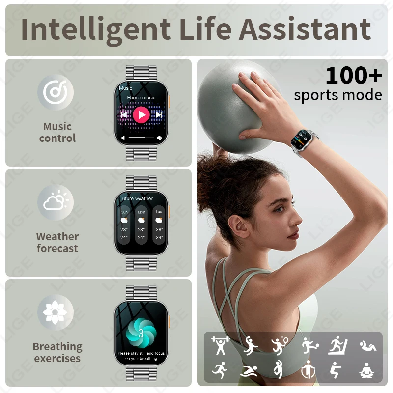 LIGE AMOLED Smart Watch Men 2.04 Screen Bluetooth Call Health Monitor IP68 Waterproof Sport Women Smartwatch New For Android IOS