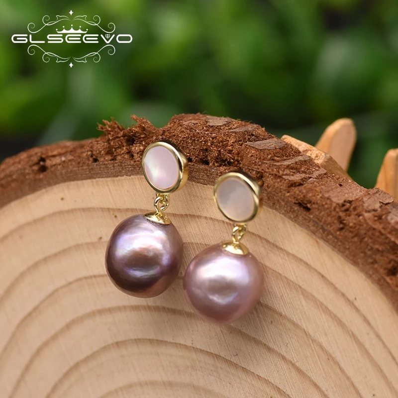 GLSEEVO Natural Baroque Purple Real Pearl Drop Earrings For Women Gift  925Silver Simple Romantic Handmade Luxury Jewelry GE0985A