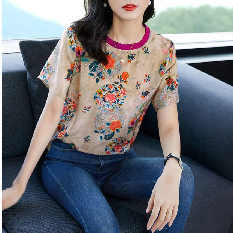 

2024 Summer New Commute Tees Loose Chiffon Patchwork Round Neck Plant&Flowers Printed Fashion Short Sleeve T-shirts Women's Tops