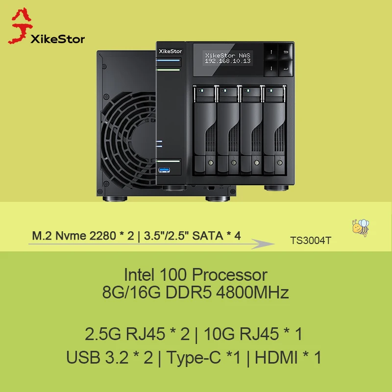XikeStor 올인원 NAS 서버 M.2 Nvme 2280 * 2 |   3.5인치/2.5인치 SATA * 4 인텔 100, 8G/16G DDR5 4800MHz 2.5G RJ45 * 2, 10G RJ45 *