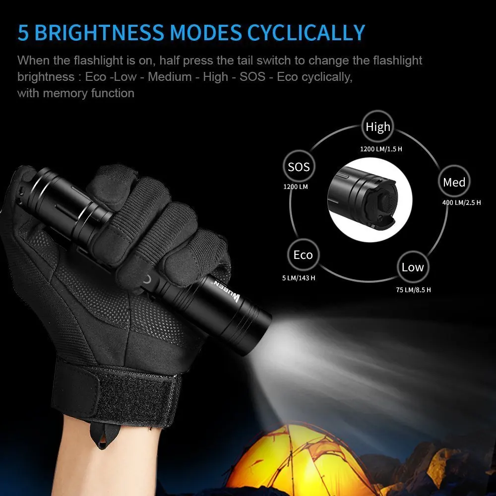 WUBEN L50 1200루멘 USB 충전식 LED 손전등(18650 배터리 포함) 방수 스포트라이트 캠핑 랜턴