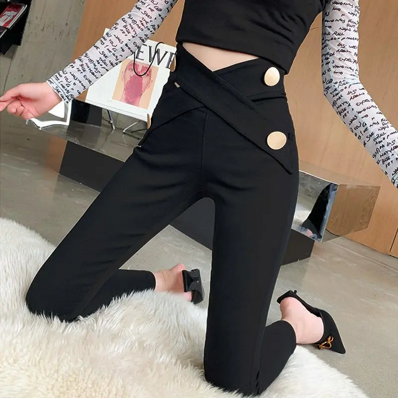 Korean Fashion New Spring Casual Irregular Trousers for Women High Waist Lace Up Button Straight Slim Pants Female Y2k Clothes
