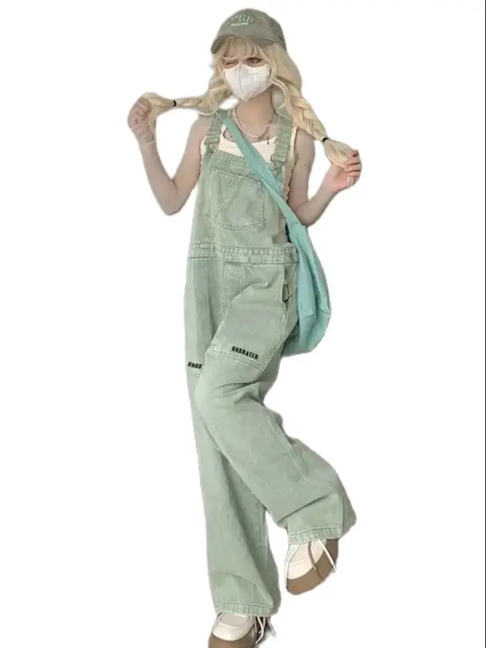 Chic Light Green Dnim Pants for Women Overalls Spring Autumn High Waist Straight Loose Jeans Female Jumpsuit Streetwear