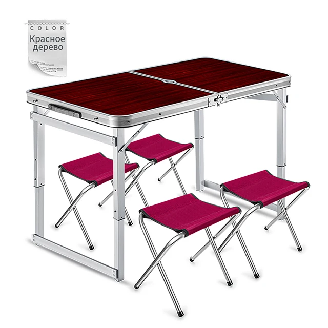 Vicllax camping kit, folding, portable, table, 4 chairs, 60x120 cm Outdorr 60*120cm portable folding table with chair for garden party picnic BBQ Outdoor set chairs aluminium alloy waterproof durable Red --- square pipe