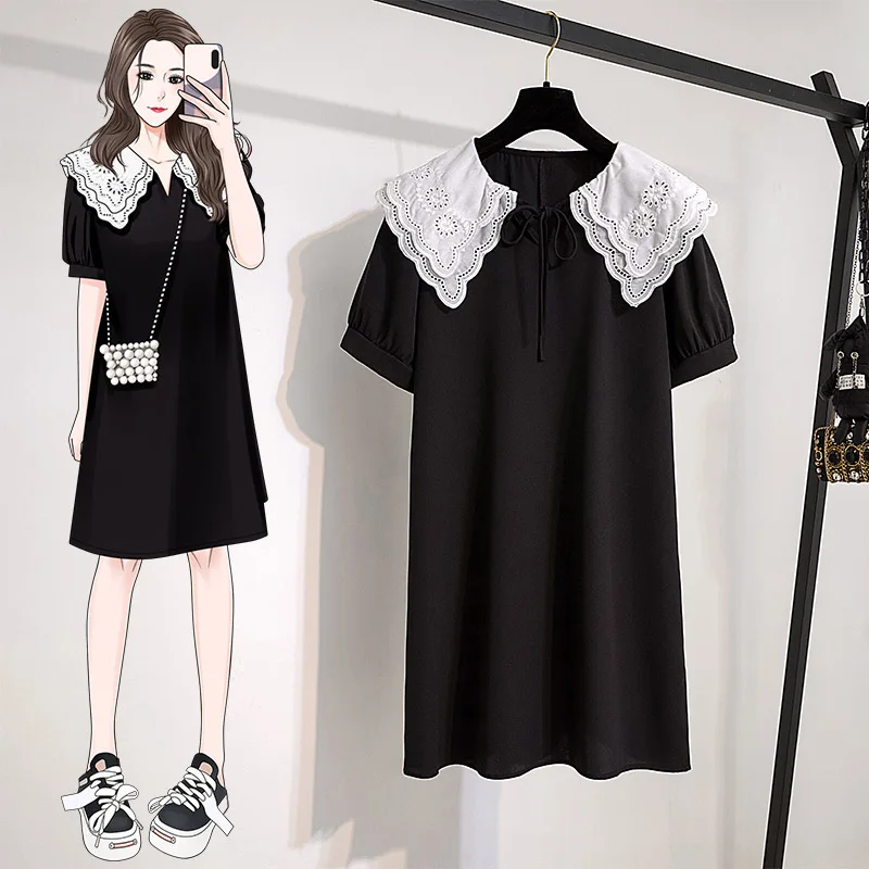 

Women Fashion Casual Korean Loose Peter Pan Collar Dresses Spring Summer All-match Solid Oversized Knee-Length Clothing M-4XL