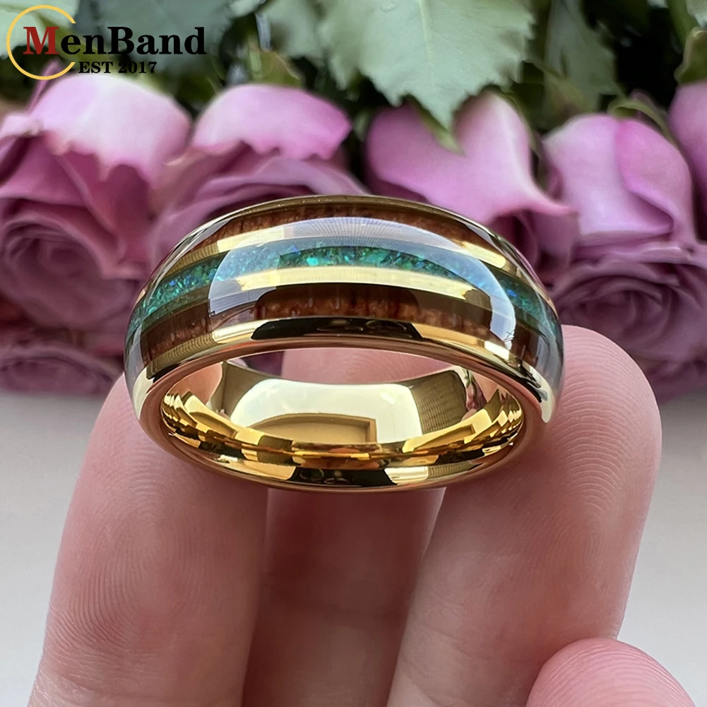 MenBand Fashion Gold Color 8mm Green Opal Ring Tungsten Engagement Wedding Band For Womens Mens Domed Polished Comfort Fit