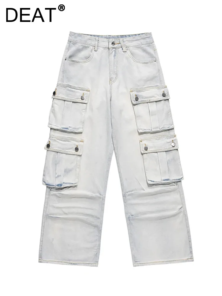 

DEAT Women's Jeans High Waist Pleated Multiple Pockets Loose Straight Wide Leg Cargo Denim Pants 2023 Winter New Fashion 29L5502