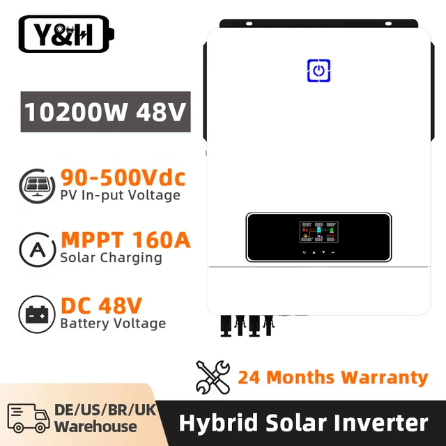 Y & H 10.2/6.2KW Hybrid อินเวอร์เตอร์พลังงานแสงอาทิตย์ MPPT On/Off-Grid อินเวอร์เตอร์ 48V 220V Pure Sine Wave 160/120A Charge Controller Dual AC Output 1