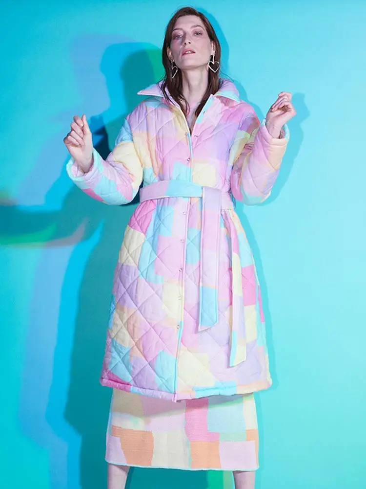 

Women Elegant Long Sleeved Mid Length Contrast Lace Up Cotton Jacket Fashion Warm Rainbow Outwear Chic Casual Party Street Wear