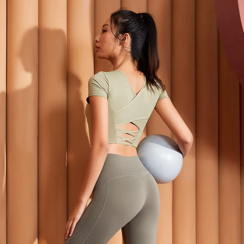 Sexy Hollow Back Short Sleeve Women Sports Top Gym Fitness Yoga T-Shirts Running Sport Crop Tops Female Training Workout Shirt